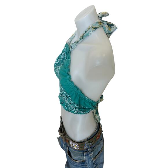 Teal Green Bandana Halter Crop Top One Size Festival Western Handcrafted NEW - Picture 2 of 4